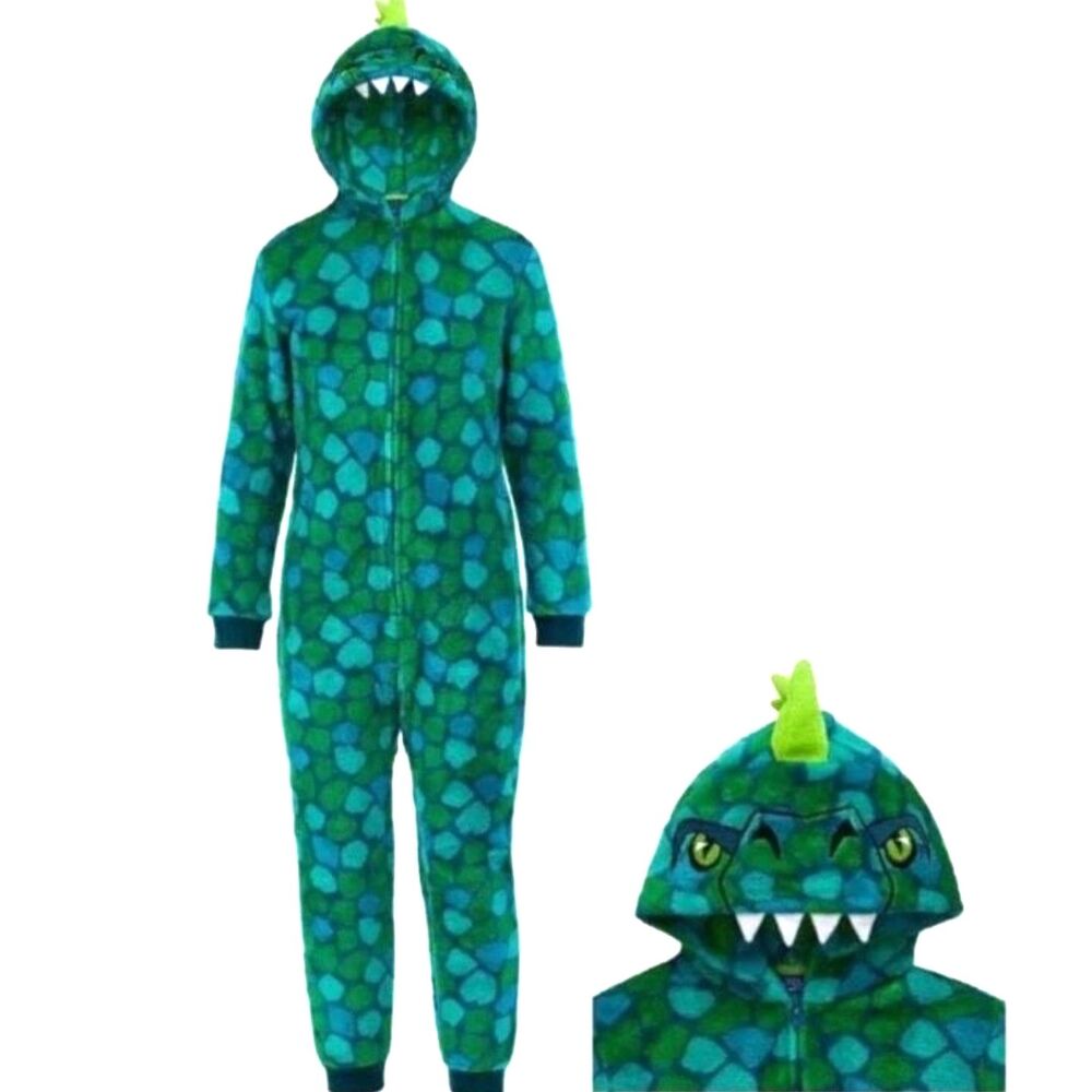 Boy Fleece Green Dinosaur One Pc Pajama Jumpsuit Hood Sleeper M 10-12 Saint Eve